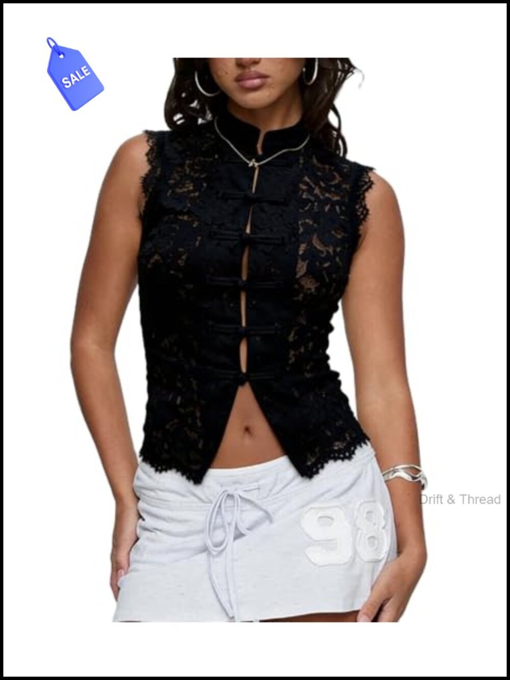 Women's Lace Mandarin Collar Sleeveless Tank Top, Chinese Style Blouse, Summer